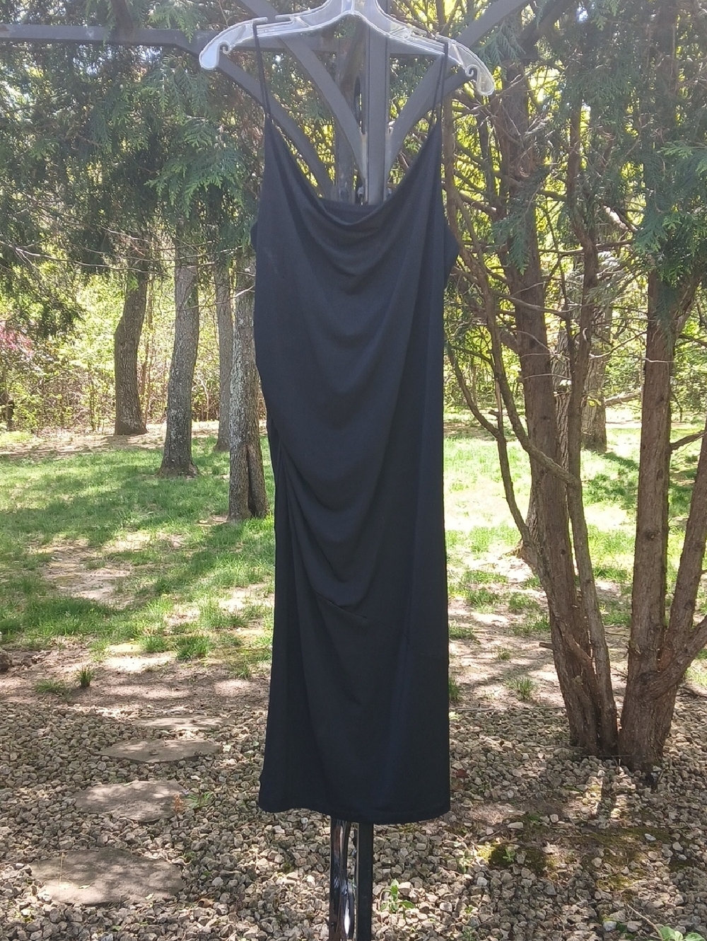 Black cowl neck midi slip dress spaghetti straps and a side-ruched detail Sz M